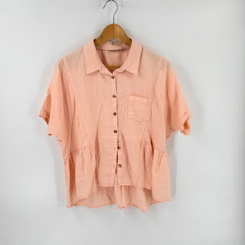 Anthropologie Holding Horses Linen Button Down Pink Small Peplum Coastal Breezy